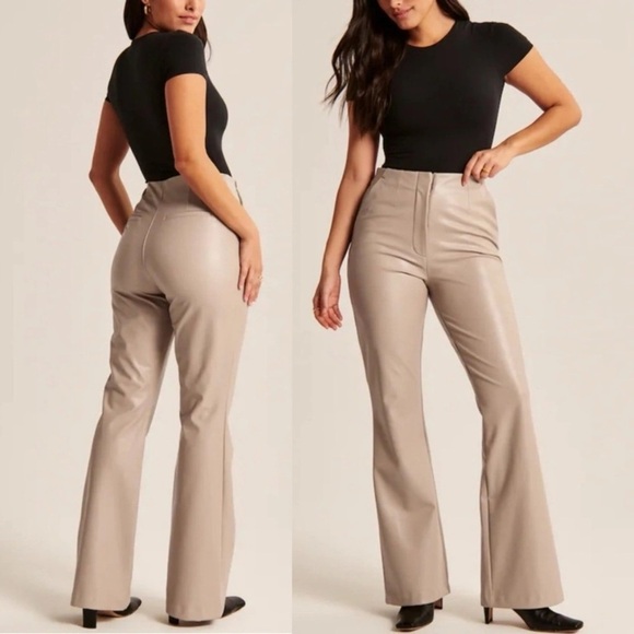 Abercrombie & Fitch Curve Love Vegan Leather Slim Flare Pants in Taupe 29/8 - Picture 1 of 15